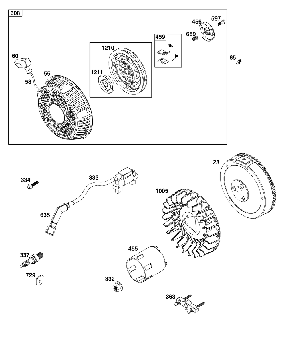Flywheel, Ignition, And Starter Group Diagram and Parts List for 25T232-0104-F1 200000 - 399999 Briggs and Stratton Engine